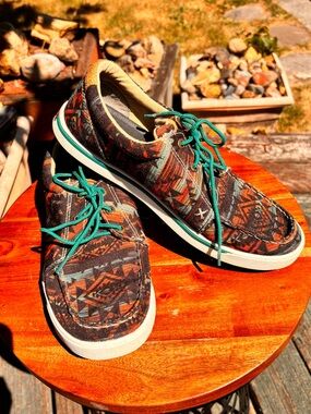 Hooey Multicolor Aztec Canvas Boat Shoes with Teal Laces